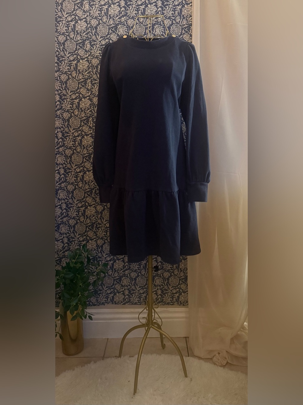 LOFT Navy Long Sleeve Drop Waist Dress with Gold Buttons | Size M